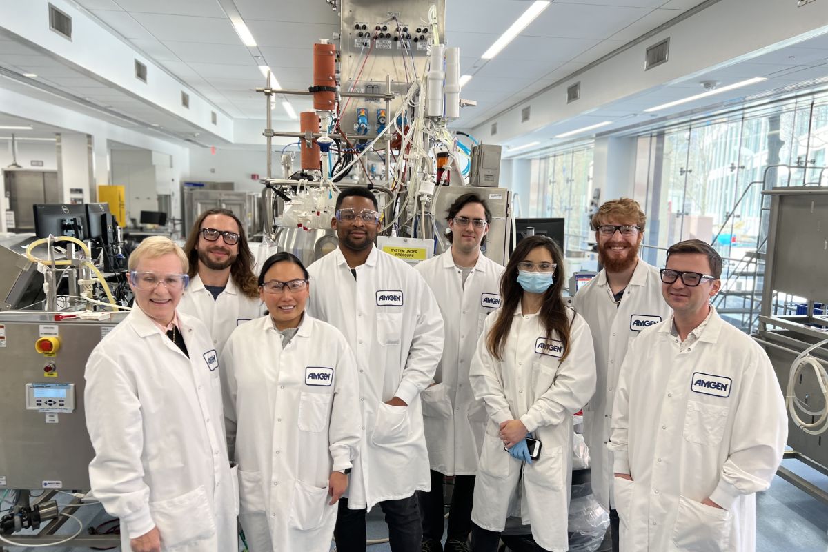 Margaret Faul with her team at Amgen Massachusetts. Left to right: Margaret Faul, Michael Salvatore, Stephanie Kim, Austin Fluellen, Tanner Saarela, MaryBeth Rockett, Mark Verrilli, Dmitriy Kogan.