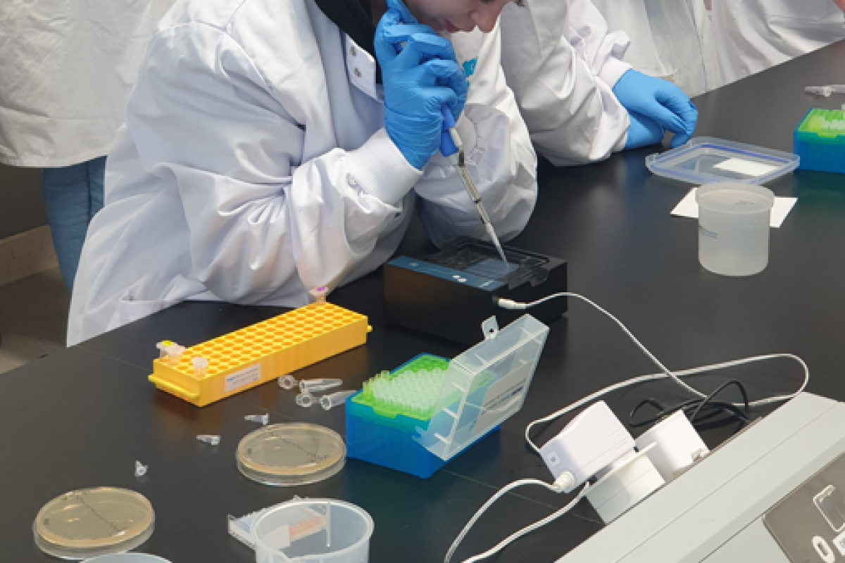 student using a pipette in the lab