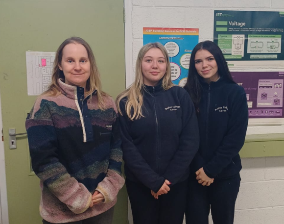 ABE Ireland teacher Clare Collins with students Aimee and Caitlin.